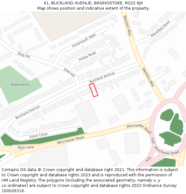 41, BUCKLAND AVENUE, BASINGSTOKE, RG22 6JA: Location map and indicative extent of plot