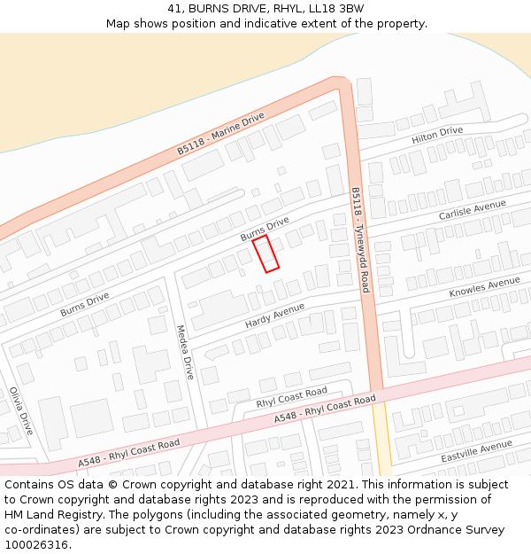 41, BURNS DRIVE, RHYL, LL18 3BW: Location map and indicative extent of plot