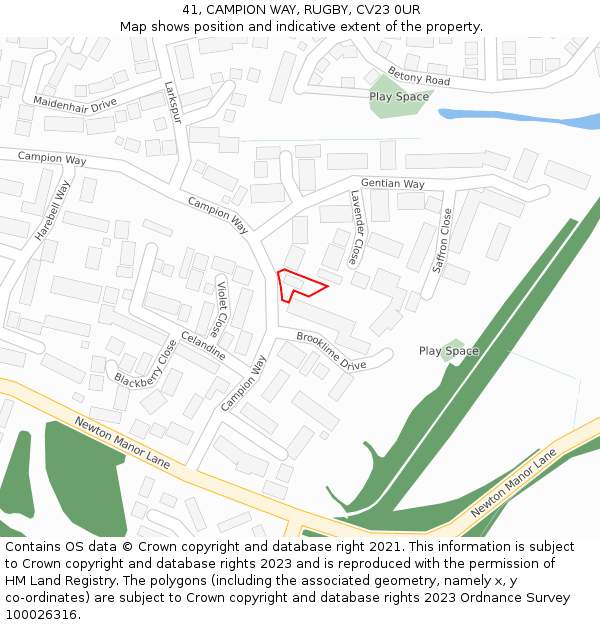 41, CAMPION WAY, RUGBY, CV23 0UR: Location map and indicative extent of plot