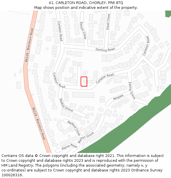 41, CARLETON ROAD, CHORLEY, PR6 8TQ: Location map and indicative extent of plot