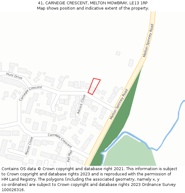 41, CARNEGIE CRESCENT, MELTON MOWBRAY, LE13 1RP: Location map and indicative extent of plot