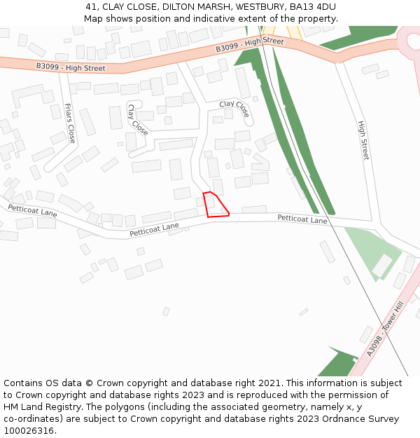 41, CLAY CLOSE, DILTON MARSH, WESTBURY, BA13 4DU: Location map and indicative extent of plot