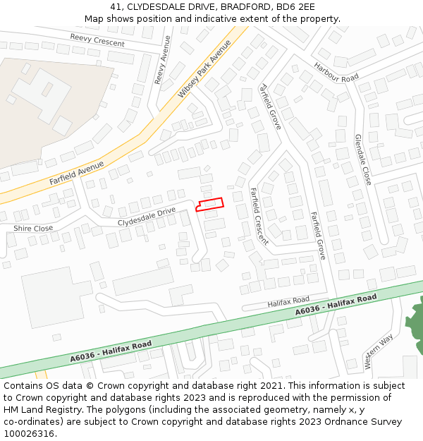 41, CLYDESDALE DRIVE, BRADFORD, BD6 2EE: Location map and indicative extent of plot
