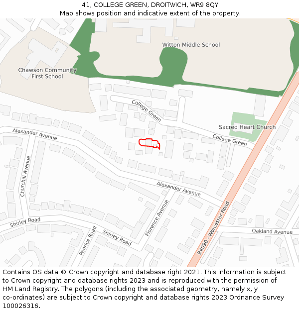 41, COLLEGE GREEN, DROITWICH, WR9 8QY: Location map and indicative extent of plot