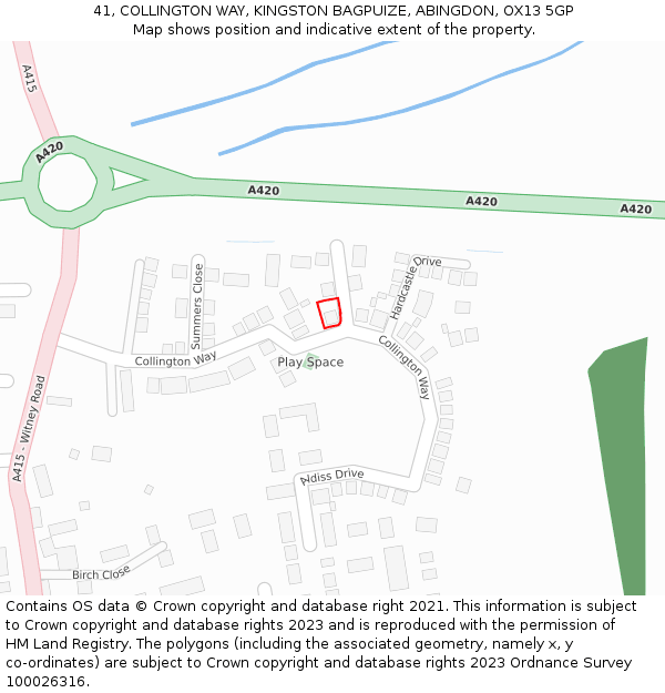 41, COLLINGTON WAY, KINGSTON BAGPUIZE, ABINGDON, OX13 5GP: Location map and indicative extent of plot