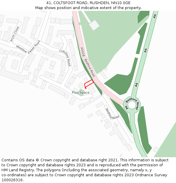 41, COLTSFOOT ROAD, RUSHDEN, NN10 0GE: Location map and indicative extent of plot