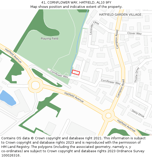 41, CORNFLOWER WAY, HATFIELD, AL10 9FY: Location map and indicative extent of plot