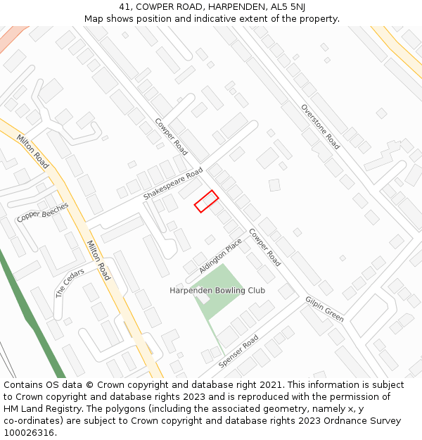 41, COWPER ROAD, HARPENDEN, AL5 5NJ: Location map and indicative extent of plot