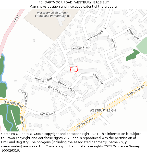 41, DARTMOOR ROAD, WESTBURY, BA13 3UT: Location map and indicative extent of plot