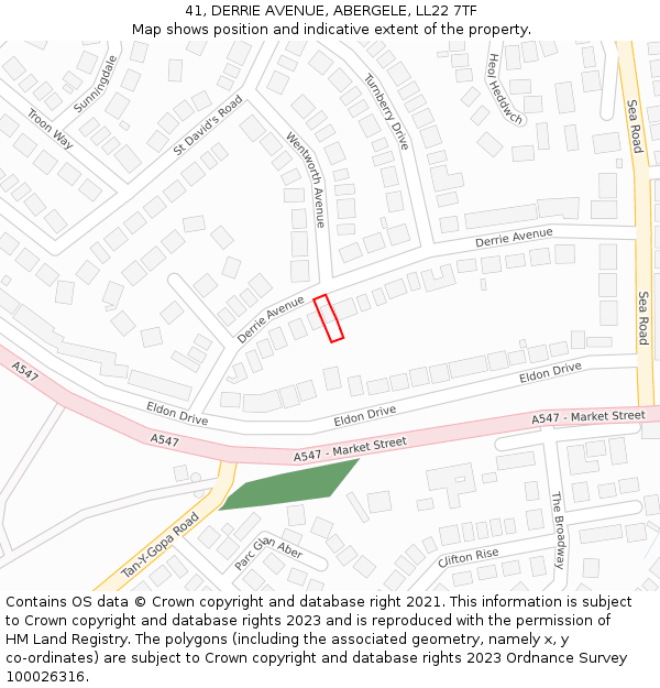 41, DERRIE AVENUE, ABERGELE, LL22 7TF: Location map and indicative extent of plot