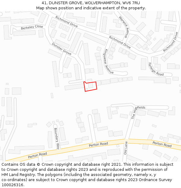 41, DUNSTER GROVE, WOLVERHAMPTON, WV6 7RU: Location map and indicative extent of plot