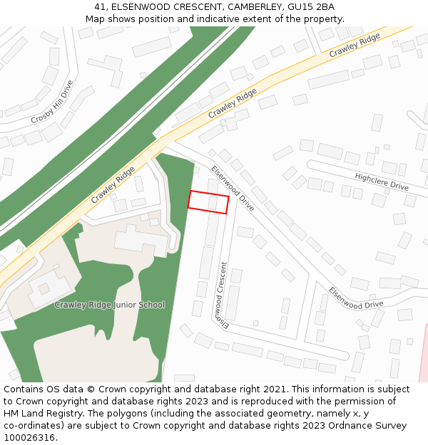 41, ELSENWOOD CRESCENT, CAMBERLEY, GU15 2BA: Location map and indicative extent of plot