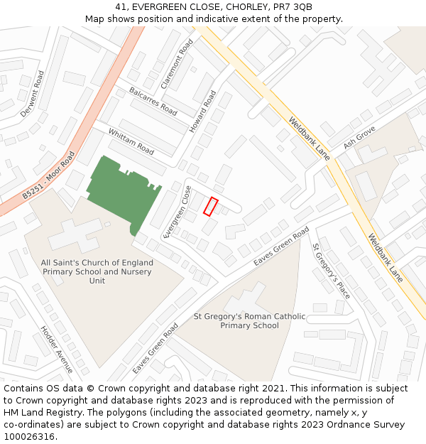 41, EVERGREEN CLOSE, CHORLEY, PR7 3QB: Location map and indicative extent of plot