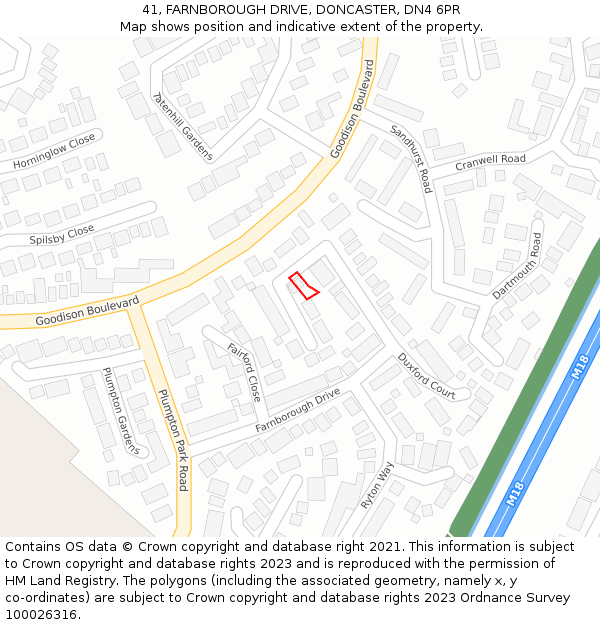 41, FARNBOROUGH DRIVE, DONCASTER, DN4 6PR: Location map and indicative extent of plot