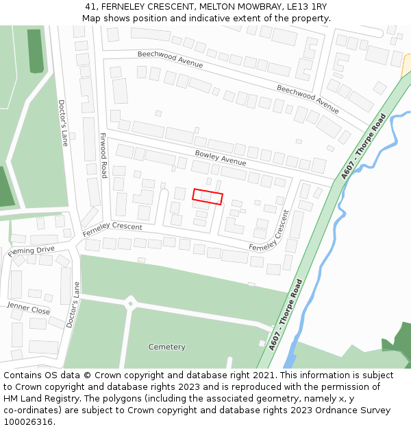 41, FERNELEY CRESCENT, MELTON MOWBRAY, LE13 1RY: Location map and indicative extent of plot