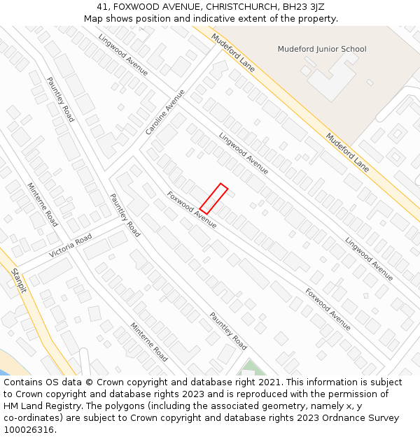 41, FOXWOOD AVENUE, CHRISTCHURCH, BH23 3JZ: Location map and indicative extent of plot