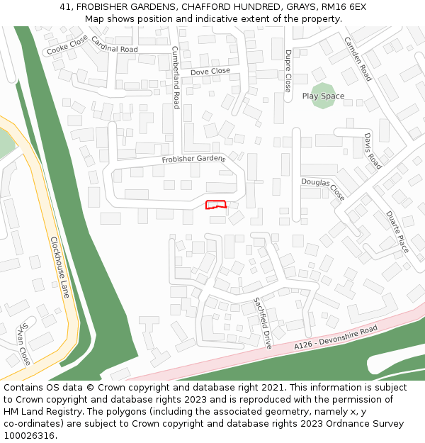 41, FROBISHER GARDENS, CHAFFORD HUNDRED, GRAYS, RM16 6EX: Location map and indicative extent of plot