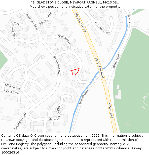 41, GLADSTONE CLOSE, NEWPORT PAGNELL, MK16 0EU: Location map and indicative extent of plot