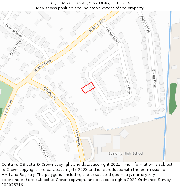 41, GRANGE DRIVE, SPALDING, PE11 2DX: Location map and indicative extent of plot