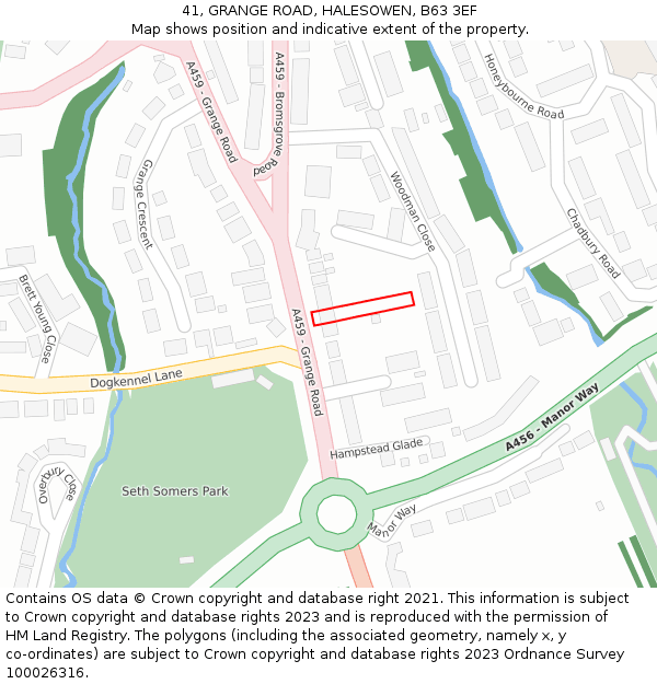 41, GRANGE ROAD, HALESOWEN, B63 3EF: Location map and indicative extent of plot