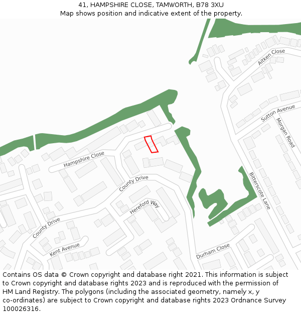 41, HAMPSHIRE CLOSE, TAMWORTH, B78 3XU: Location map and indicative extent of plot