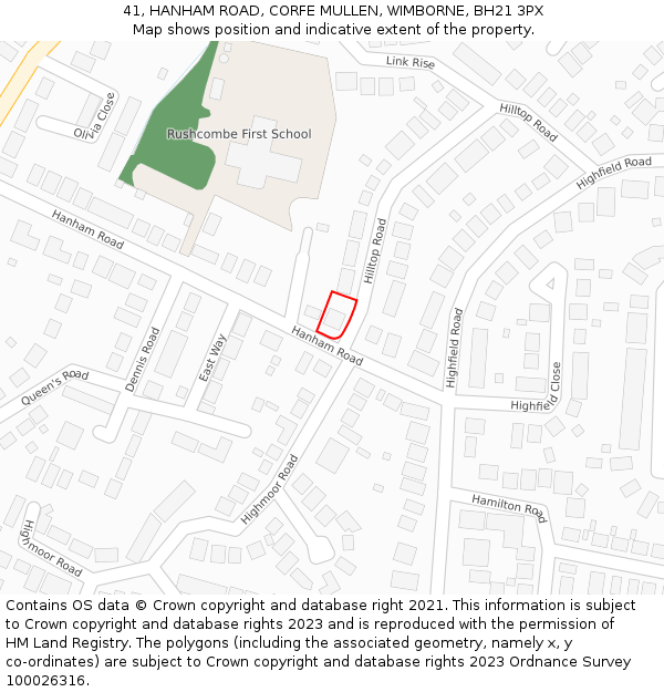 41, HANHAM ROAD, CORFE MULLEN, WIMBORNE, BH21 3PX: Location map and indicative extent of plot