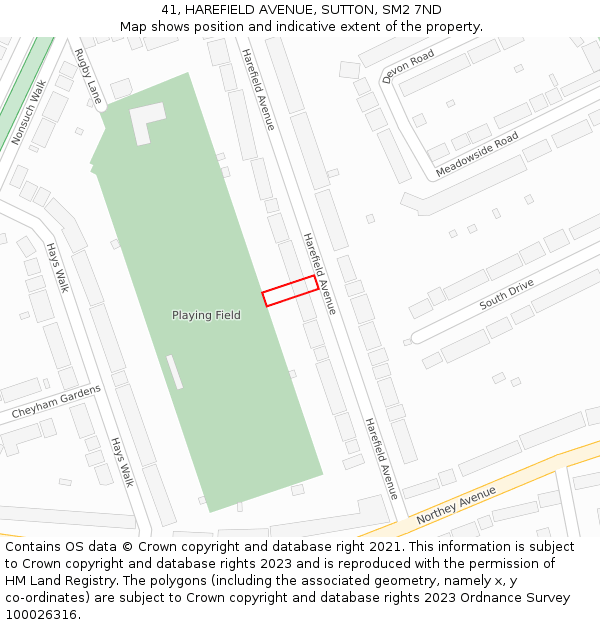 41, HAREFIELD AVENUE, SUTTON, SM2 7ND: Location map and indicative extent of plot