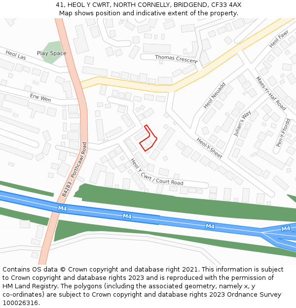 41, HEOL Y CWRT, NORTH CORNELLY, BRIDGEND, CF33 4AX: Location map and indicative extent of plot