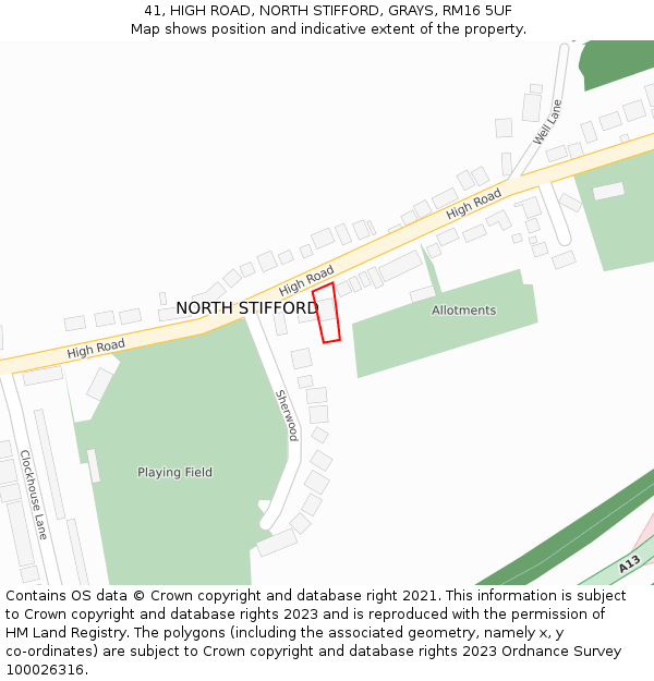 41, HIGH ROAD, NORTH STIFFORD, GRAYS, RM16 5UF: Location map and indicative extent of plot