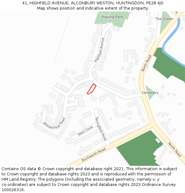 41, HIGHFIELD AVENUE, ALCONBURY WESTON, HUNTINGDON, PE28 4JS: Location map and indicative extent of plot