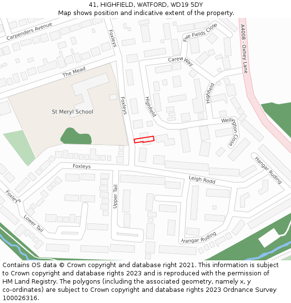 41, HIGHFIELD, WATFORD, WD19 5DY: Location map and indicative extent of plot