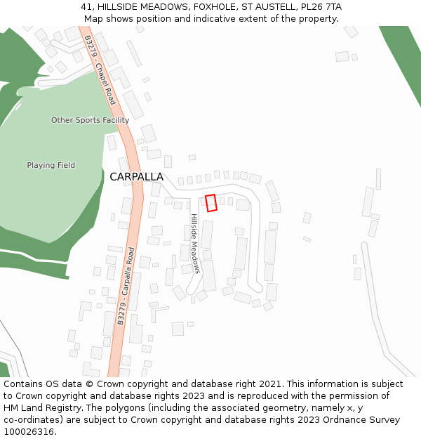 41, HILLSIDE MEADOWS, FOXHOLE, ST AUSTELL, PL26 7TA: Location map and indicative extent of plot