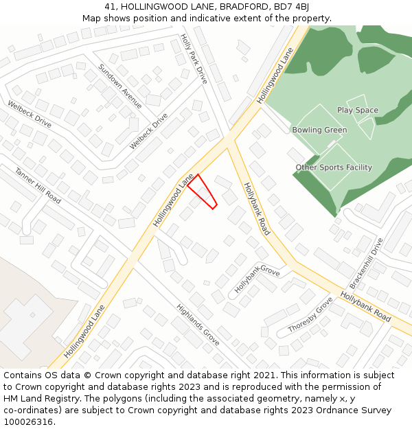 41, HOLLINGWOOD LANE, BRADFORD, BD7 4BJ: Location map and indicative extent of plot