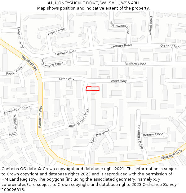 41, HONEYSUCKLE DRIVE, WALSALL, WS5 4RH: Location map and indicative extent of plot