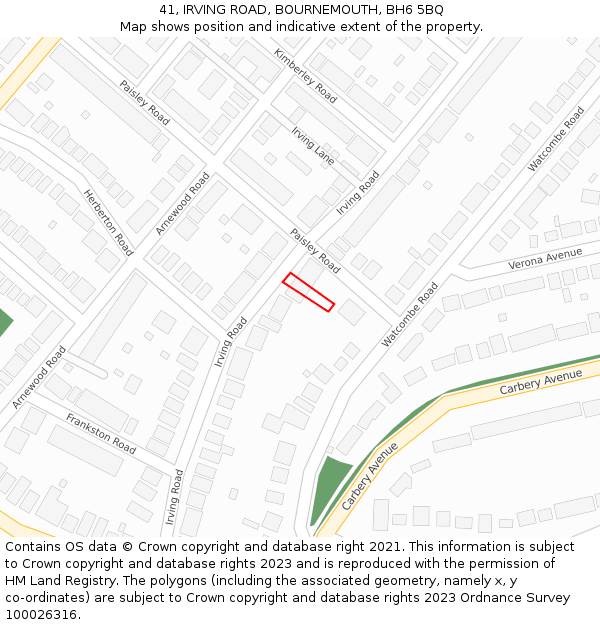 41, IRVING ROAD, BOURNEMOUTH, BH6 5BQ: Location map and indicative extent of plot