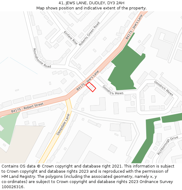 41, JEWS LANE, DUDLEY, DY3 2AH: Location map and indicative extent of plot