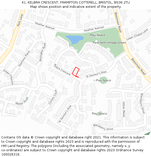 41, KELBRA CRESCENT, FRAMPTON COTTERELL, BRISTOL, BS36 2TU: Location map and indicative extent of plot