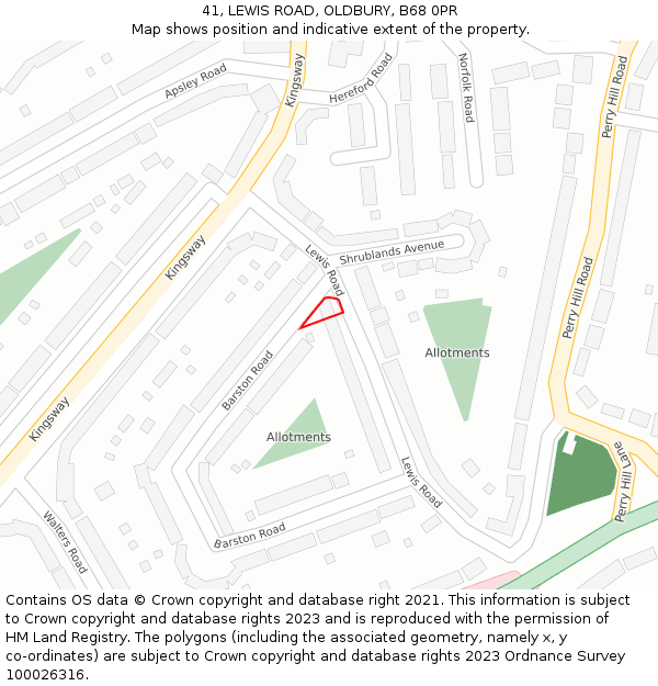 41, LEWIS ROAD, OLDBURY, B68 0PR: Location map and indicative extent of plot