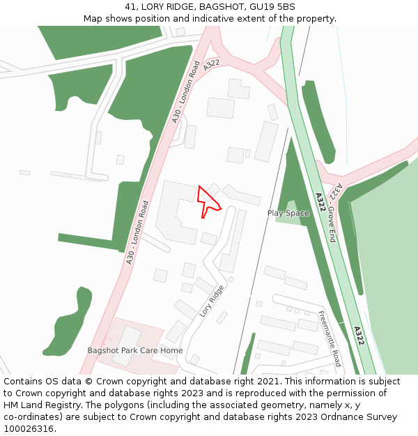 41, LORY RIDGE, BAGSHOT, GU19 5BS: Location map and indicative extent of plot