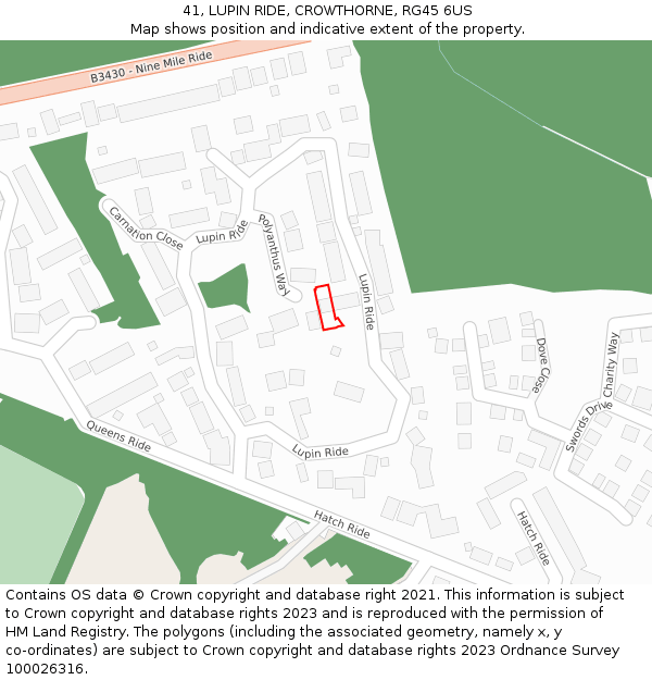 41, LUPIN RIDE, CROWTHORNE, RG45 6US: Location map and indicative extent of plot