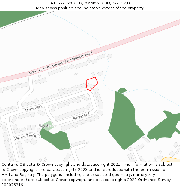 41, MAESYCOED, AMMANFORD, SA18 2JB: Location map and indicative extent of plot