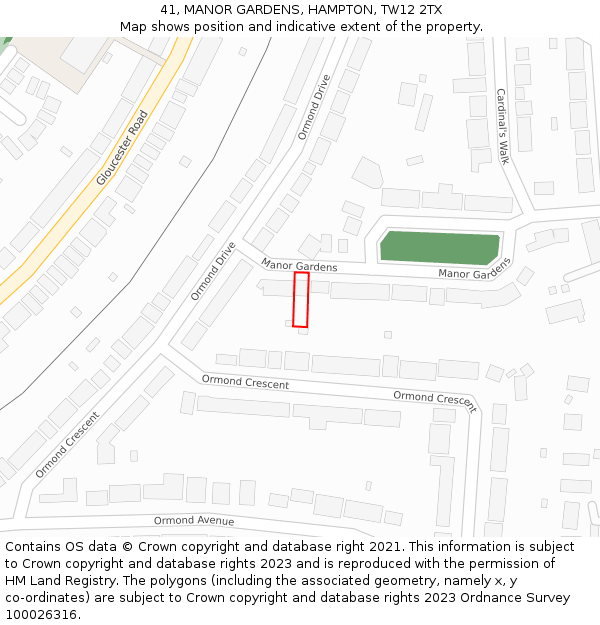 41, MANOR GARDENS, HAMPTON, TW12 2TX: Location map and indicative extent of plot