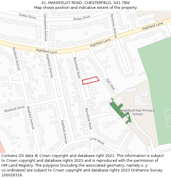 41, MANSFELDT ROAD, CHESTERFIELD, S41 7BW: Location map and indicative extent of plot