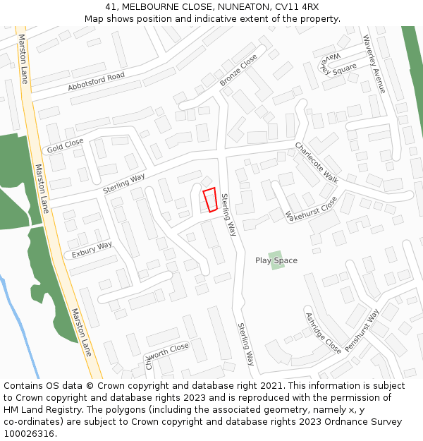 41, MELBOURNE CLOSE, NUNEATON, CV11 4RX: Location map and indicative extent of plot