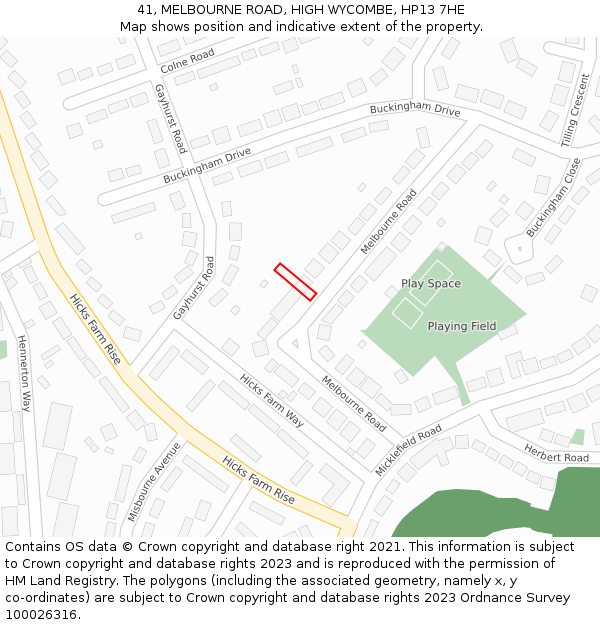 41, MELBOURNE ROAD, HIGH WYCOMBE, HP13 7HE: Location map and indicative extent of plot