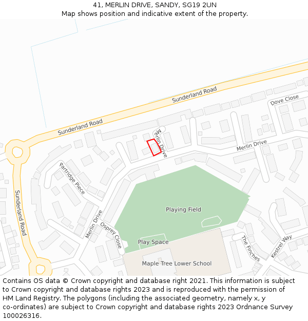 41, MERLIN DRIVE, SANDY, SG19 2UN: Location map and indicative extent of plot