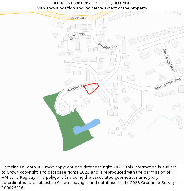 41, MONTFORT RISE, REDHILL, RH1 5DU: Location map and indicative extent of plot