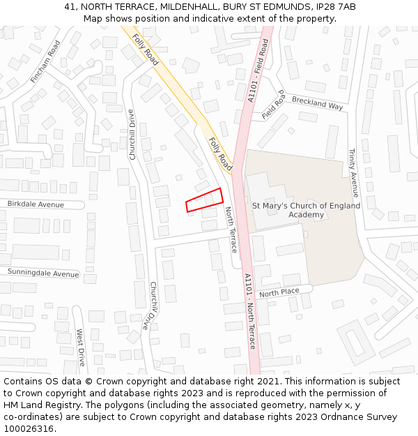 41, NORTH TERRACE, MILDENHALL, BURY ST EDMUNDS, IP28 7AB: Location map and indicative extent of plot