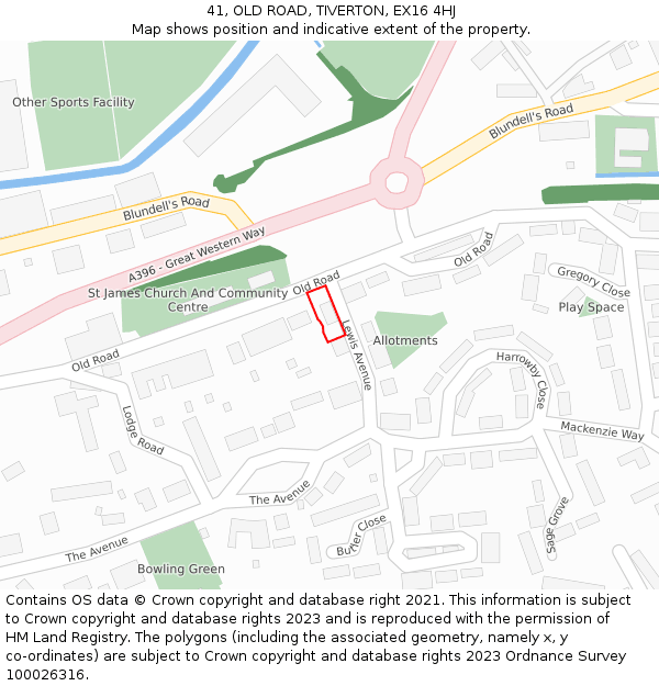 41, OLD ROAD, TIVERTON, EX16 4HJ: Location map and indicative extent of plot