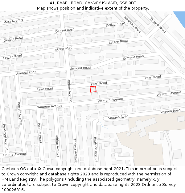 41, PAARL ROAD, CANVEY ISLAND, SS8 9BT: Location map and indicative extent of plot